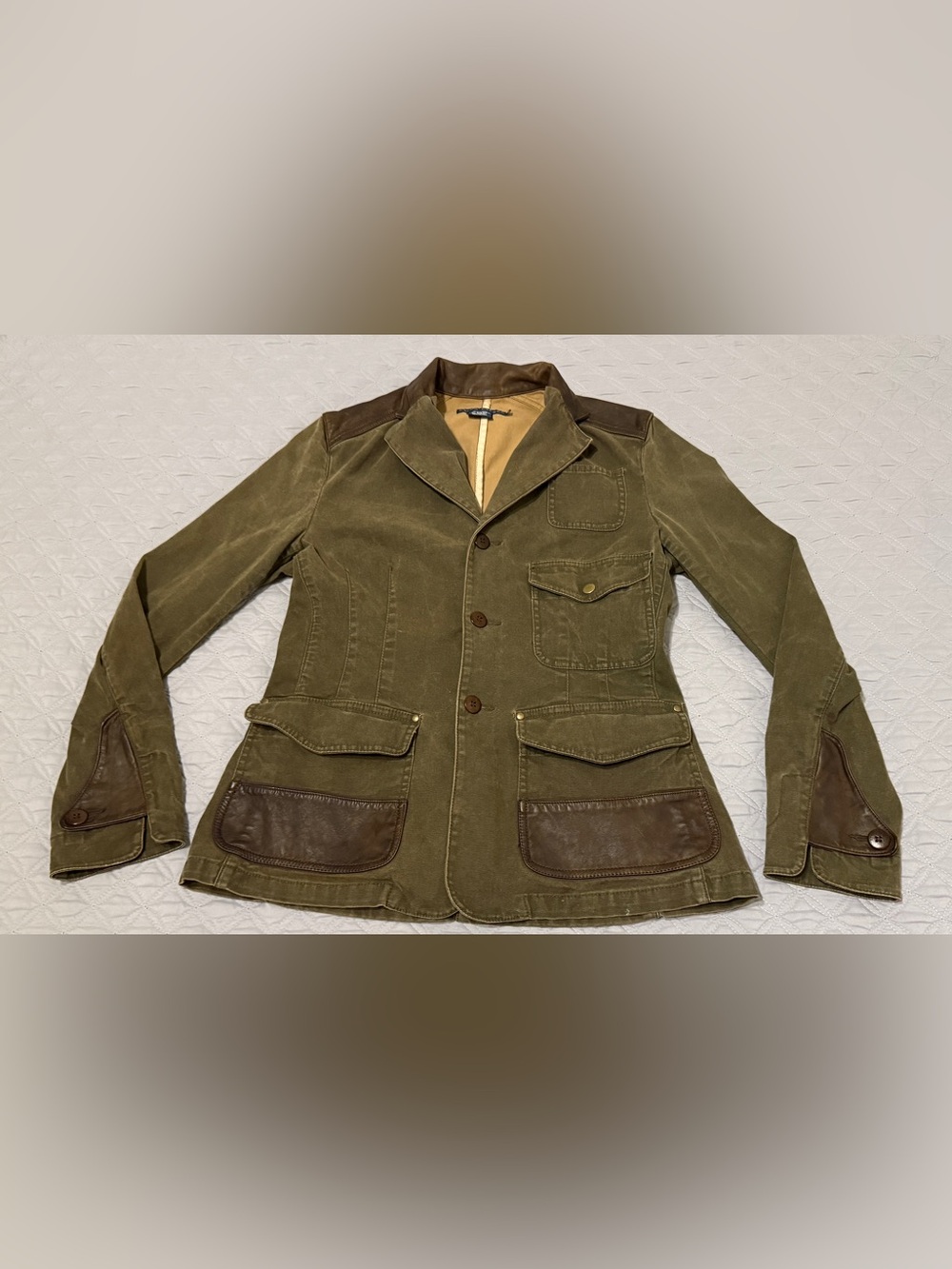 Ralph Lauren Womens Medium Utility Field Jacket Olive Green Leather Trim Safari
